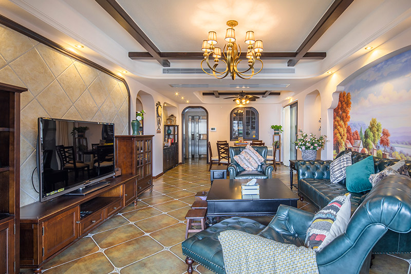 保利壹號公館美式室內(nèi)設(shè)計三居125平米風格裝修案例-客廳全景