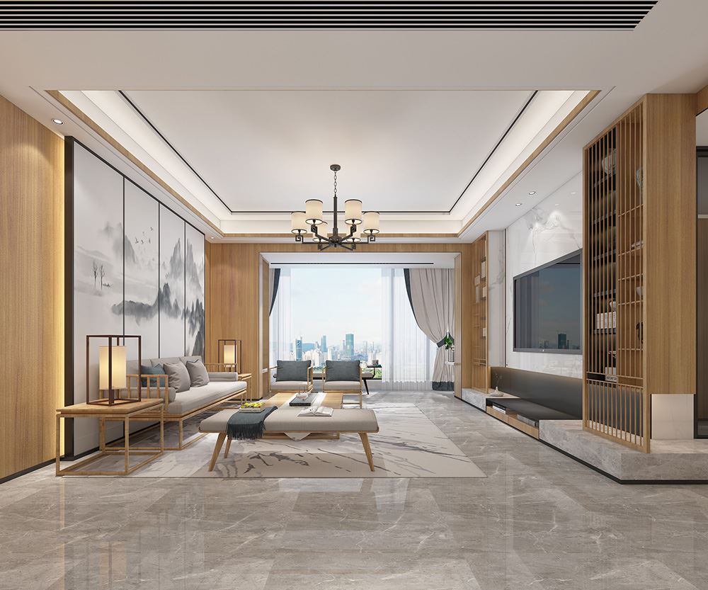 佛山市恒大山湖郡新中式風(fēng)格三居室裝修案例