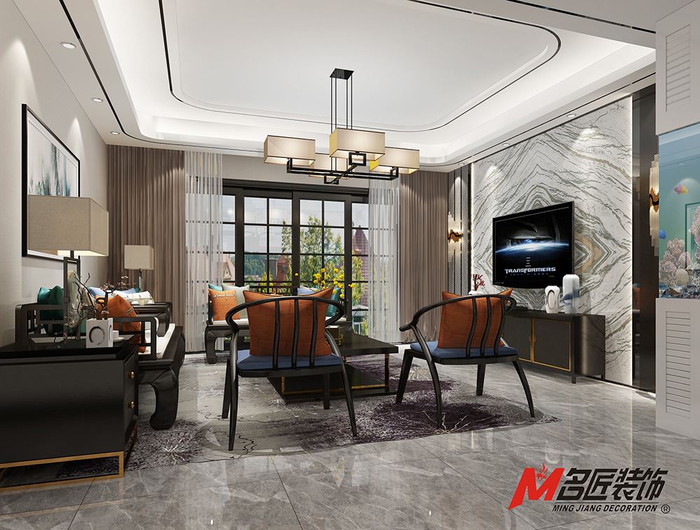 青島市麥島金岸新中式風(fēng)格三居室裝修案例